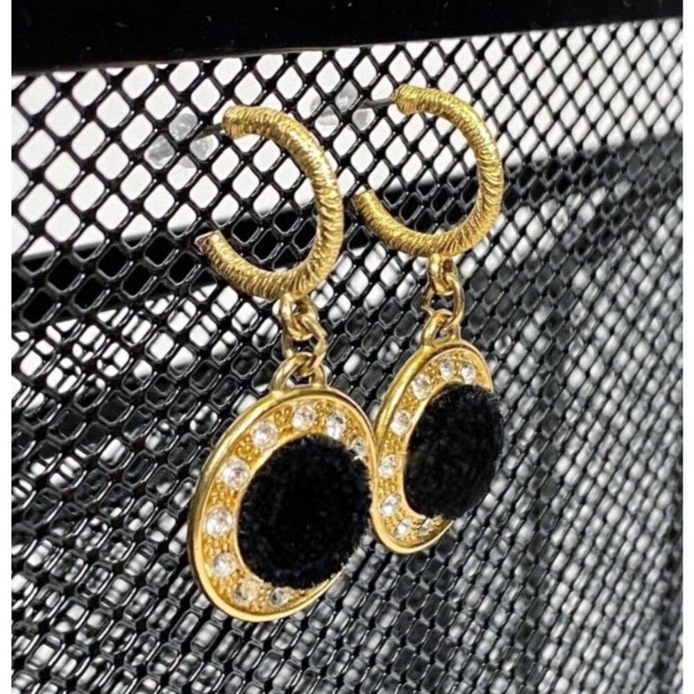 Festive Velvet Dot Earrings Hoops Dangle Drop 3D Black Gold Tone Rhinestone Chic